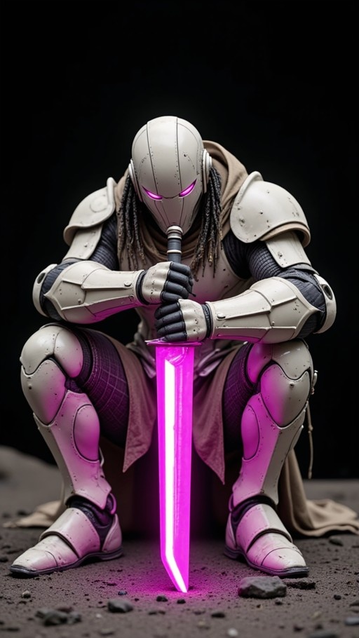 A crouching armored figure in white plating holds a glowing pink sword vertically on dark ground, wearing a helmet with glowing pink eyes and visible dreadlocks.