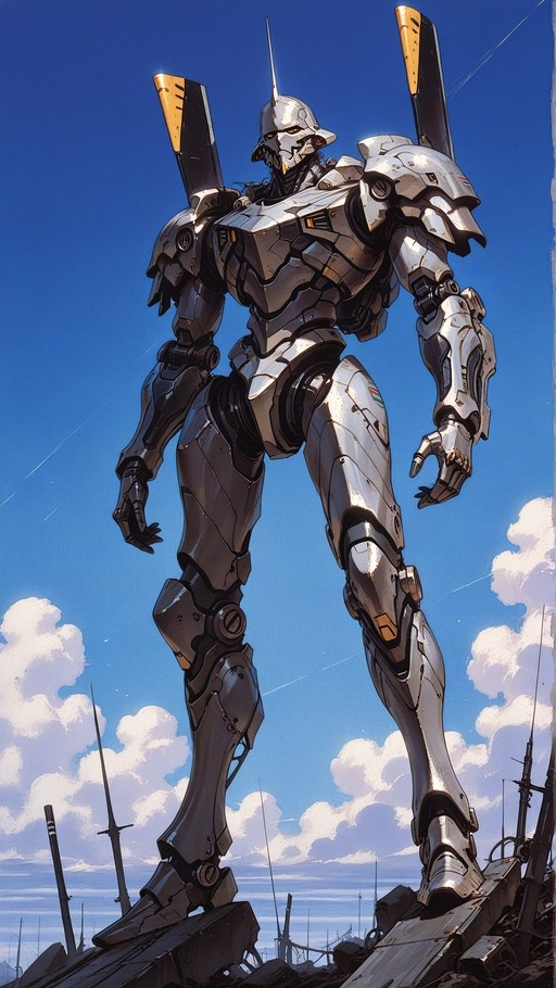 Silver mecha robot with a single horn standing on rubble against a blue sky.