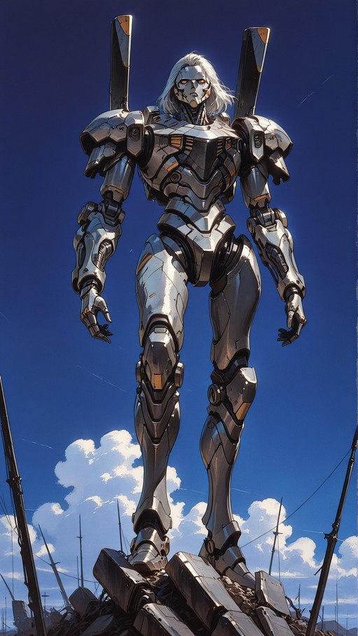 A full-body shot of a tall silver robot with white hair and glowing eyes standing on a pile of metal debris against a bright blue sky.