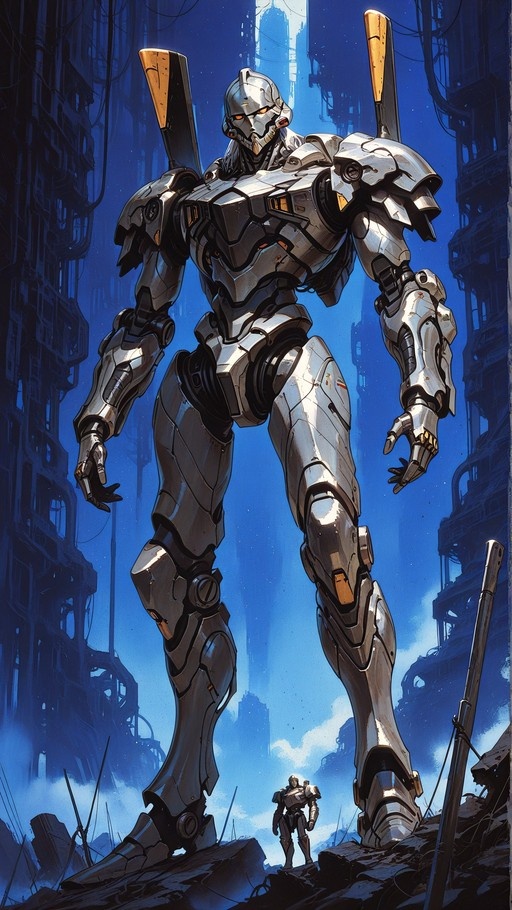 A large silver humanoid robot stands in a blue-lit ruined city with a smaller robot figure at its feet.