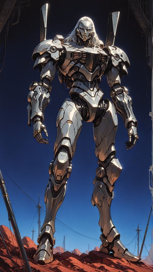 A tall silver robot with long white hair stands on red rocks under a blue sky.