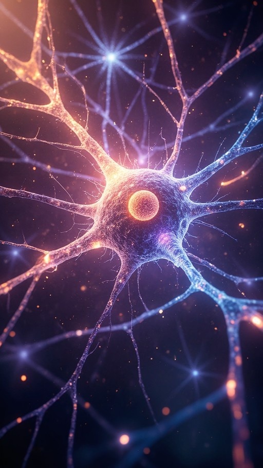 A glowing neuron with a bright orange nucleus and branching blue dendrites set against a dark cosmic background filled with star-like lights.