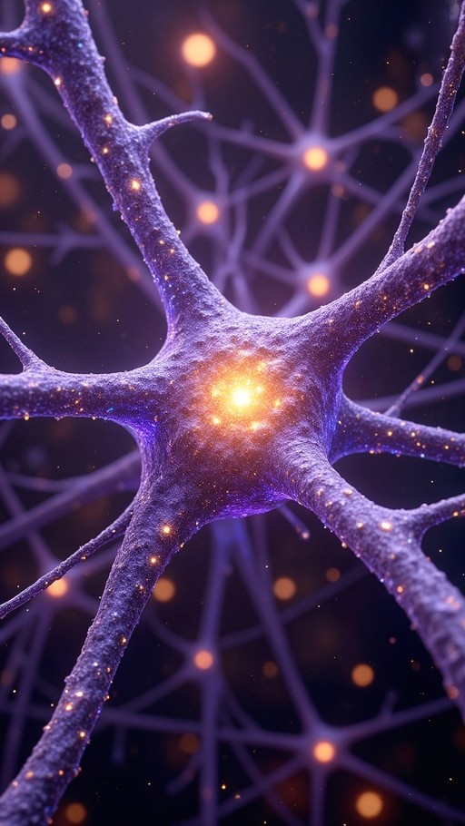 A detailed digital illustration of a glowing purple neuron structure with a bright golden core, set against a dark cosmic background with fainter neural connections.