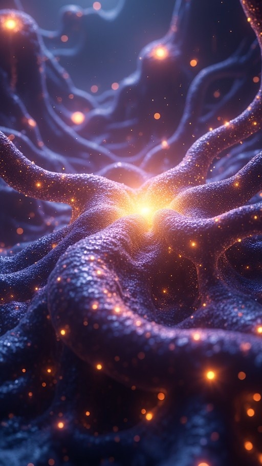 Glowing neural network filaments with golden and blue lights against a dark cosmic background.