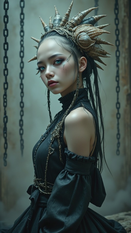 A pale-skinned woman with bright blue eyes and an intricate horned headpiece looks at the viewer, wearing a black dress with detached sleeves against a background of hanging chains.