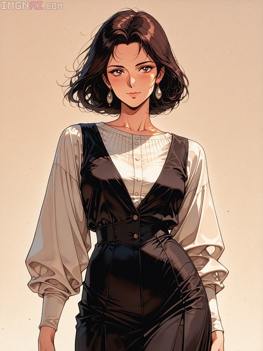 A digital illustration of a woman with short dark wavy hair wearing a black sleeveless dress over a white long-sleeved blouse and dangling earrings.