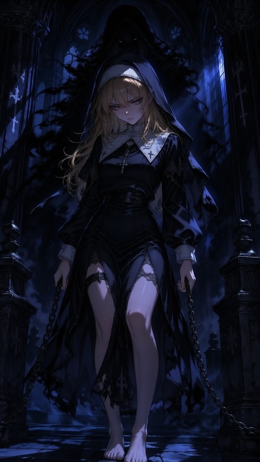 A full-body illustration of a blonde nun in a torn black habit standing barefoot while holding heavy iron chains, with a menacing shadow figure looming behind her in a dark gothic cathedral.