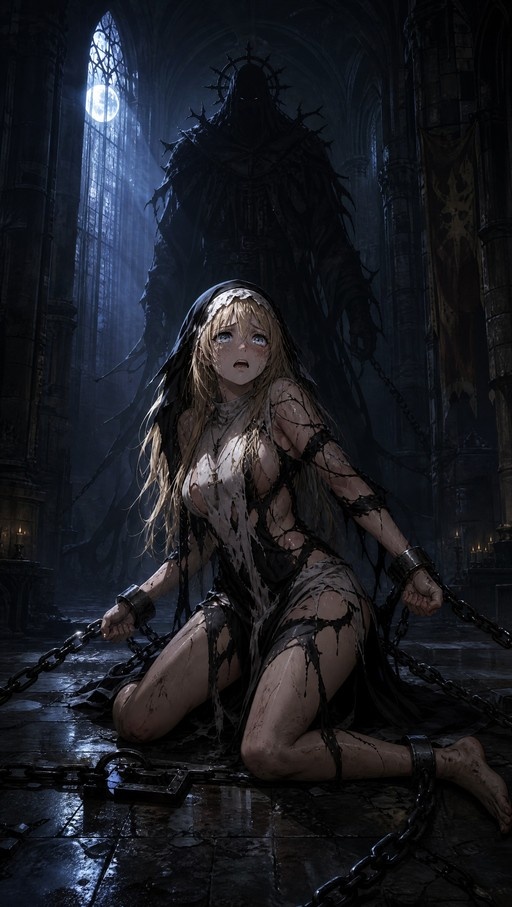A blonde anime nun kneels in heavy chains on a stone floor in a dark cathedral with a large spiked shadow figure looming behind her.