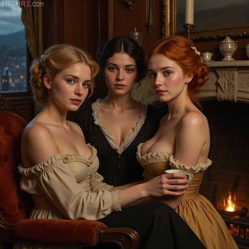 Three young women in Victorian-era dresses pose together in a dimly lit parlor with a fireplace. A blonde woman sits on the left, a brunette stands in the center wearing black, and a redhead holds a teacup on the right.