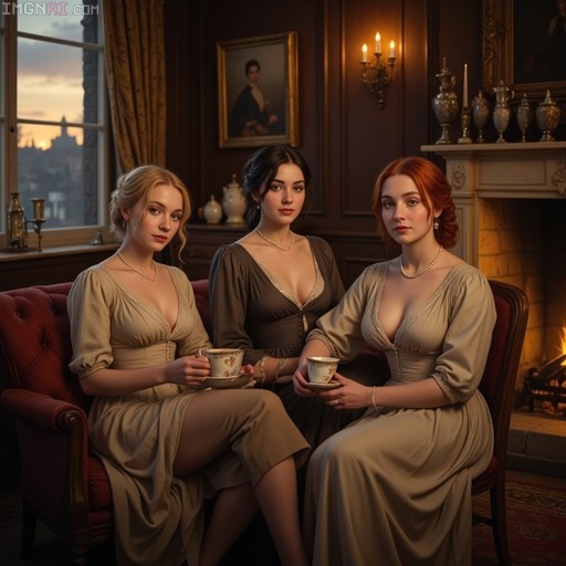 Three elegantly dressed Victorian women with blonde, brunette, and red hair sit together in a warm parlor, holding teacups near a glowing fireplace.