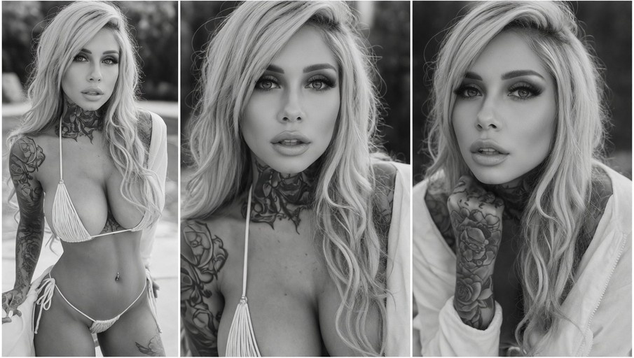 A black and white triptych showing a tattooed woman with long hair wearing a fringed bikini.