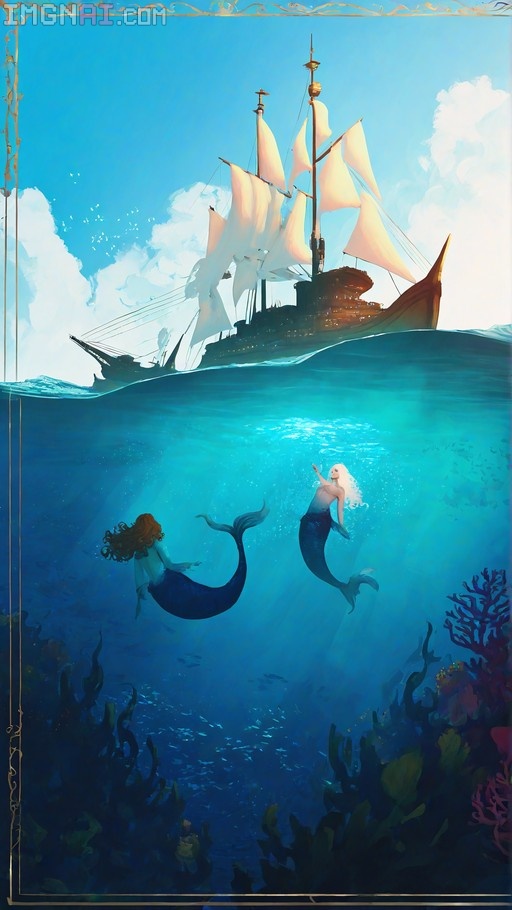 Two mermaids swimming underwater near a sailing ship on the surface.