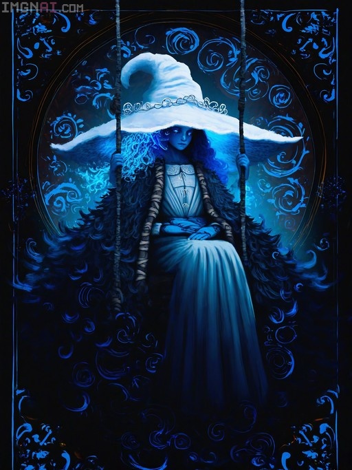 A blue-skinned witch with long hair and a large white hat sits on a swing holding ropes, framed by an ornate floral border in a painterly style.