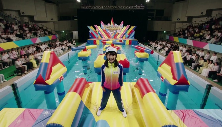 A woman in a helmet and tracksuit jumps on an inflatable obstacle course over water before falling in as a giant cat shark appears.