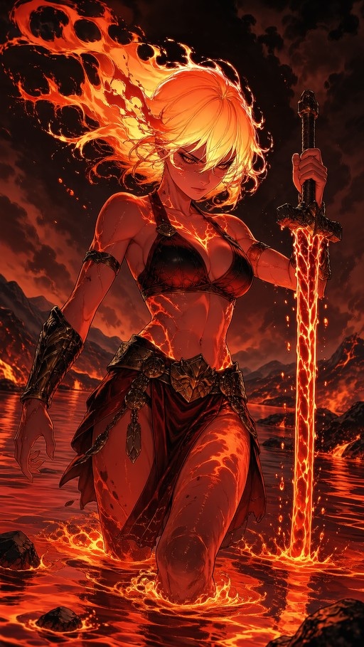 A female fantasy warrior with flowing flame hair stands in a river of lava holding a glowing magma sword.