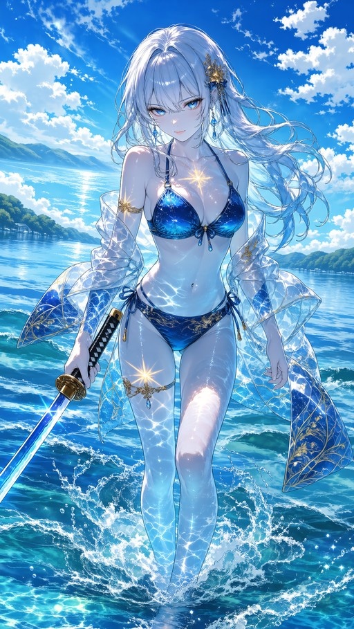A translucent female water elemental with long white hair wades through ocean waves wearing a blue bikini and holding a glowing blue katana.