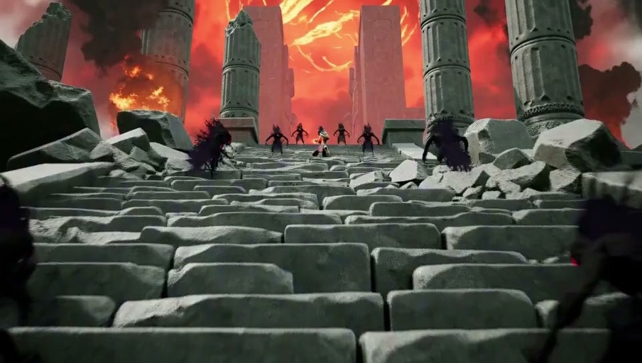 A dark-haired warrior in black and gold armor fights shadow monsters on stone steps, then summons a giant lava creature.