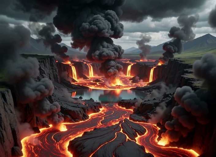 A fiery warrior with orange hair and a flaming sword battles a white-haired water elemental wielding a blue blade amidst a volcanic landscape.