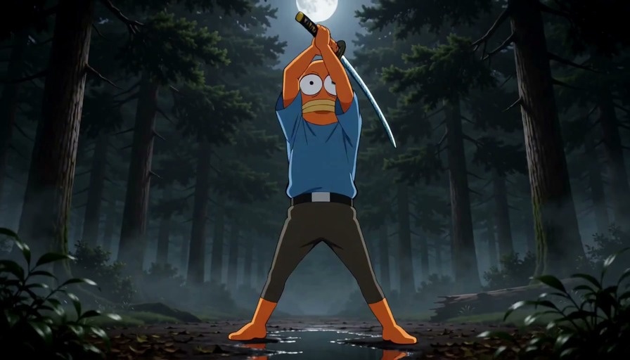 An anthropomorphic orange fish character summons a large blue water dragon while a brown bear charges forward glowing with yellow lightning, leading to a high-energy clash in a misty forest under a full moon.