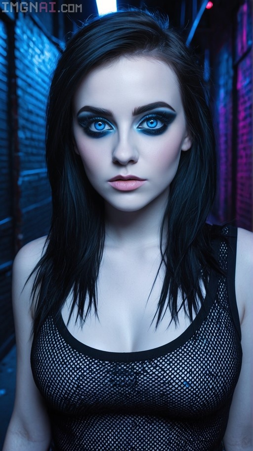 A young woman with long black hair and bright blue eyes wearing a black fishnet tank top in a neon-lit alley.