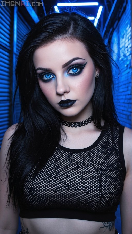A young woman with long black hair and bright blue eyes wearing heavy dark makeup, a black choker, and a fishnet top against a blue neon background.