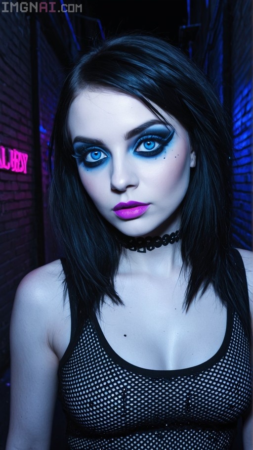 A young woman with dark hair and bright blue eyes wearing heavy eye makeup, a black fishnet tank top, and a choker necklace stands in a dimly lit alley with neon signs.