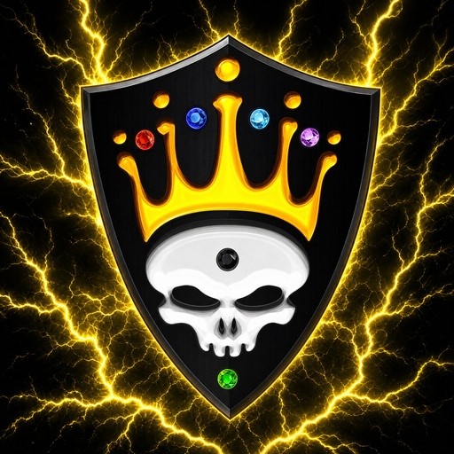 A black shield featuring a white skull wearing a gold crown and surrounded by colorful gems against a yellow lightning background.