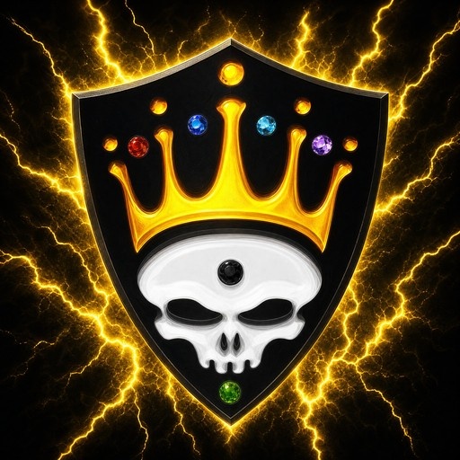 A black shield with a white skull and golden crown surrounded by colorful gems and yellow lightning.