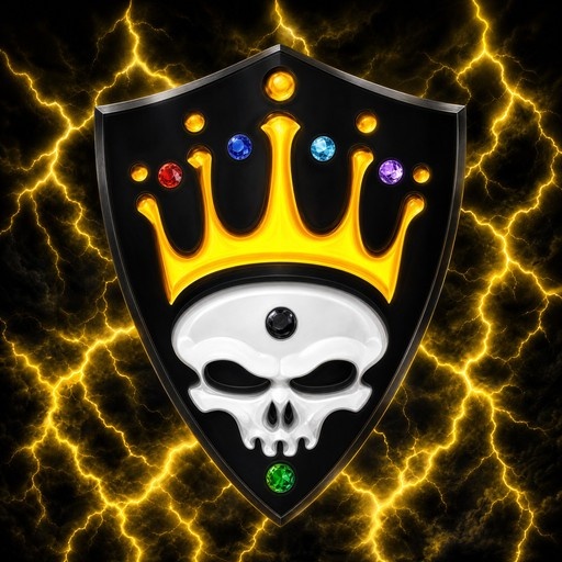 A black shield featuring a white skull and golden crown with colorful gems against a yellow lightning background.