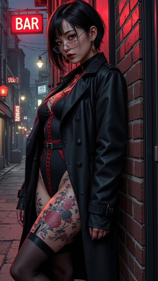 A woman with short black hair and glasses leans against a brick wall in an alley at night, wearing a black trench coat over a bodysuit with visible floral thigh tattoos and a red neon bar sign behind her.