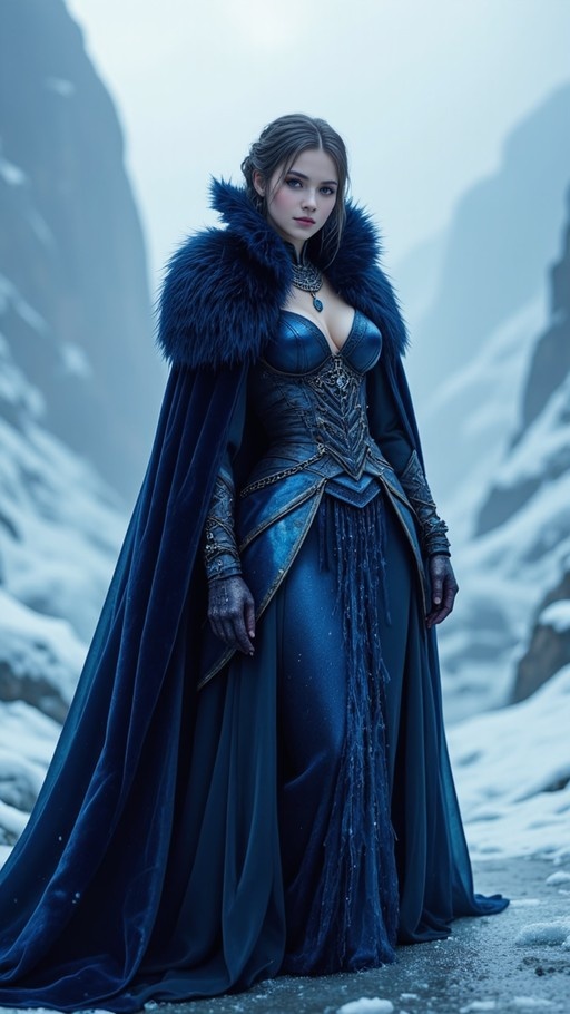 A haughty woman in a midnight-blue dress and heavy velvet cloak with fur trim stands in a misty snowy valley.