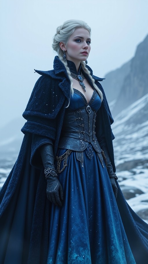 A dark reimagining of Elsa from Frozen stands in a snowy landscape, wearing a midnight-blue gown with a leather corset and a heavy fur-lined cloak.