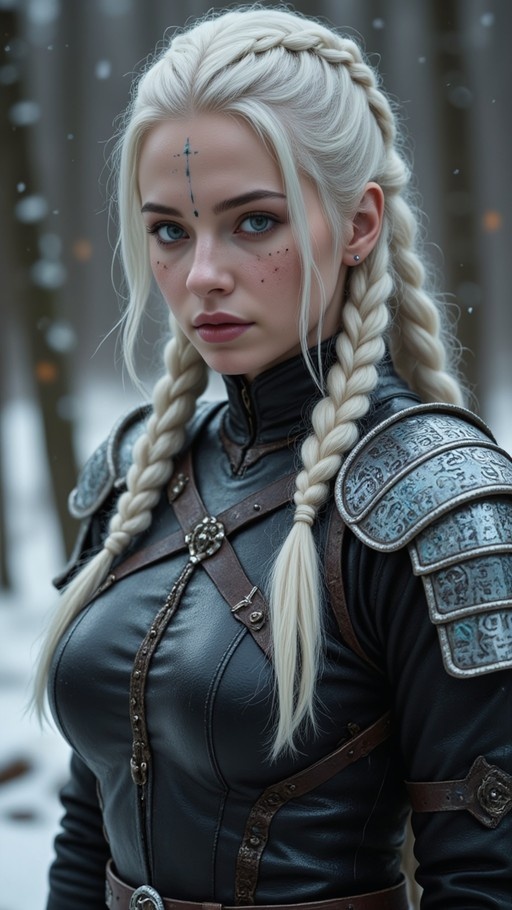 A close-up of a fantasy warrior woman with platinum blonde twin braids and blue eyes, wearing black leather armor with silver shoulder pads and a dark rune on her forehead in a snowy forest.