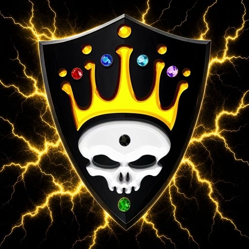 A black shield with a white skull and golden crown featuring colorful gems floating in a circle around it against a yellow lightning background.
