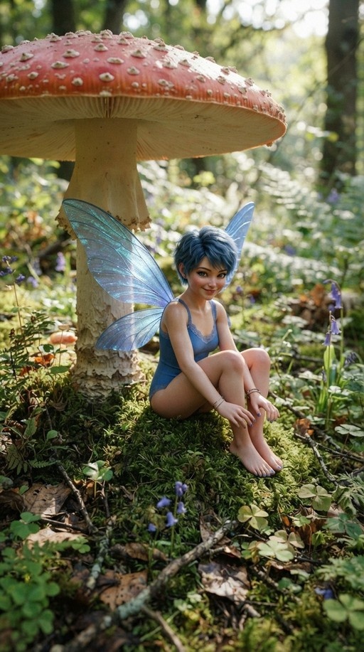 A small fairy with blue hair and blue wings sits on moss under a red mushroom.