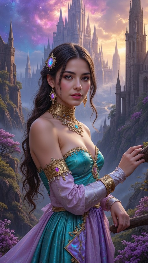 A hyper-realistic portrait of a woman in an ornate teal and purple gown with gold jewelry, standing before towering gothic castle spires under a colorful sky.