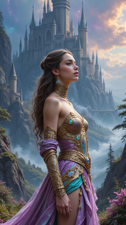 A fantasy woman in golden armor and a purple dress stands before a large castle on a cliff.