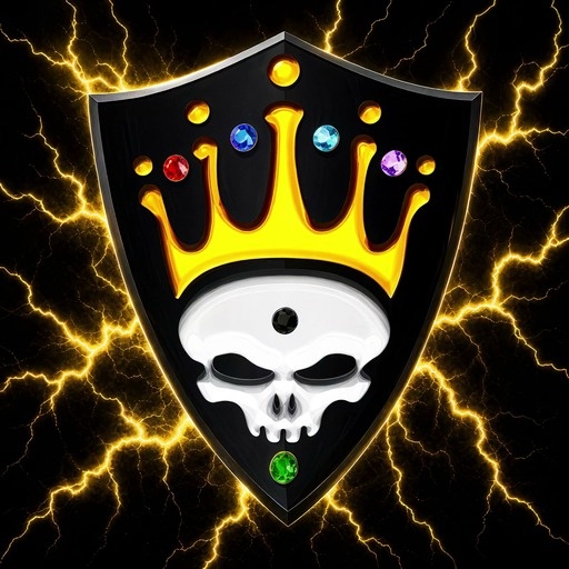 A black shield featuring a white skull and golden crown, with colorful gems floating around it amidst yellow lightning bolts.