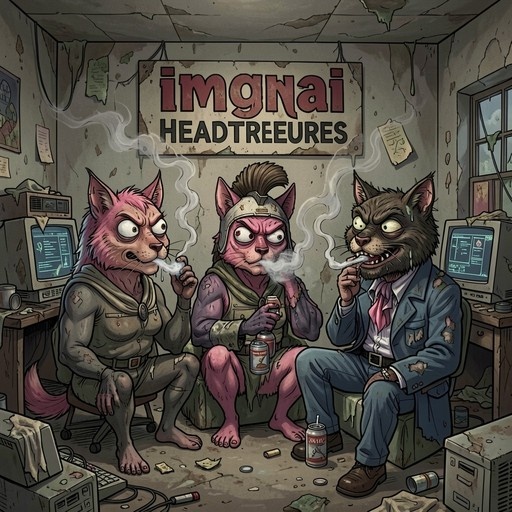 Three furry wolf characters sitting in a messy office with old computers, smoking and drinking under a headquarters sign.