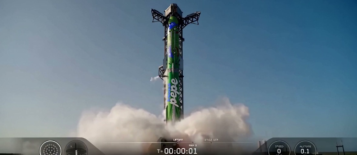 A green rocket with a large Pepe the Frog face and "pepe" text launches into the sky with smoke, viewed through a flight dashboard interface.
