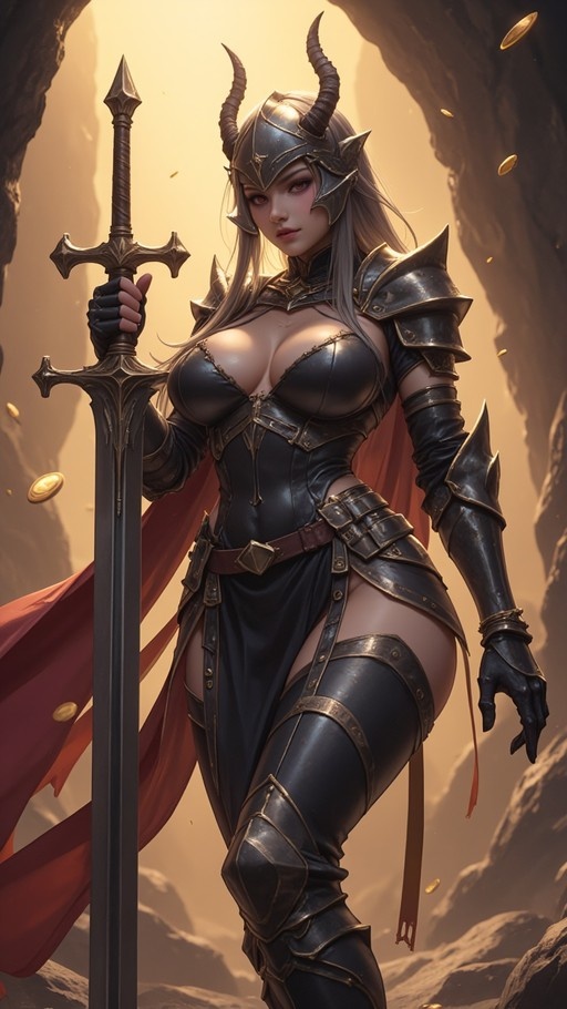 Female knight in dark armor with horned helmet holding a greatsword in a cave with falling gold coins