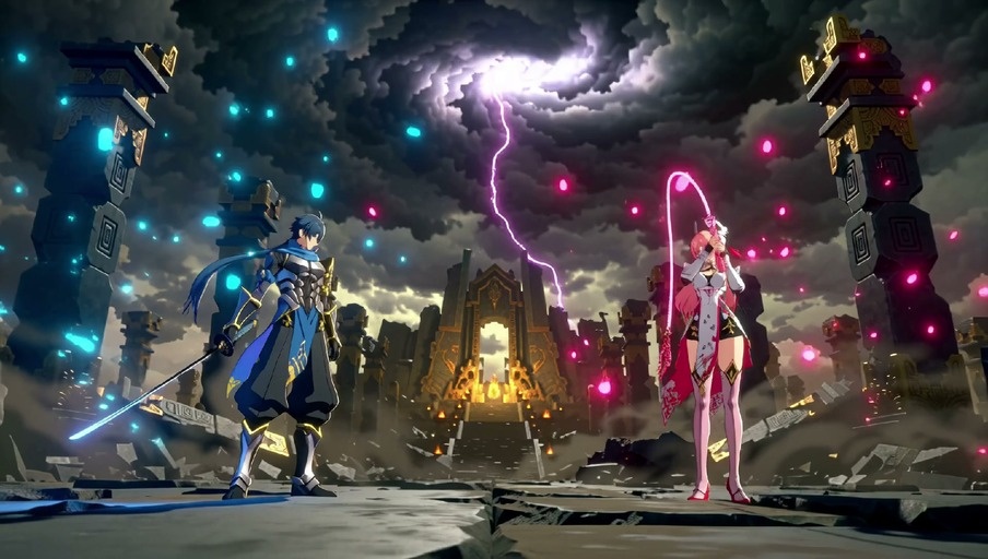 A cinematic video showing a blue-haired male warrior with a glowing katana and a pink-haired female warrior with fox ears and a whip facing off in crumbling stone ruins under a dark sky before summoning neon animal spirits and clashing weapons.