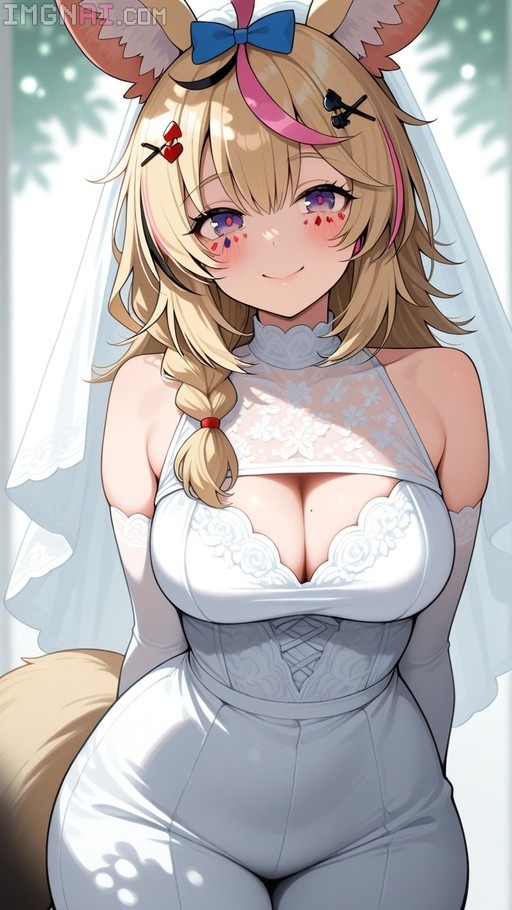 A digital illustration of Omaru Polka as a bride, wearing a white wedding dress and veil with fox ears and tail visible. She has blonde hair with pink streaks, purple eyes, and is blushing while smiling at the viewer.