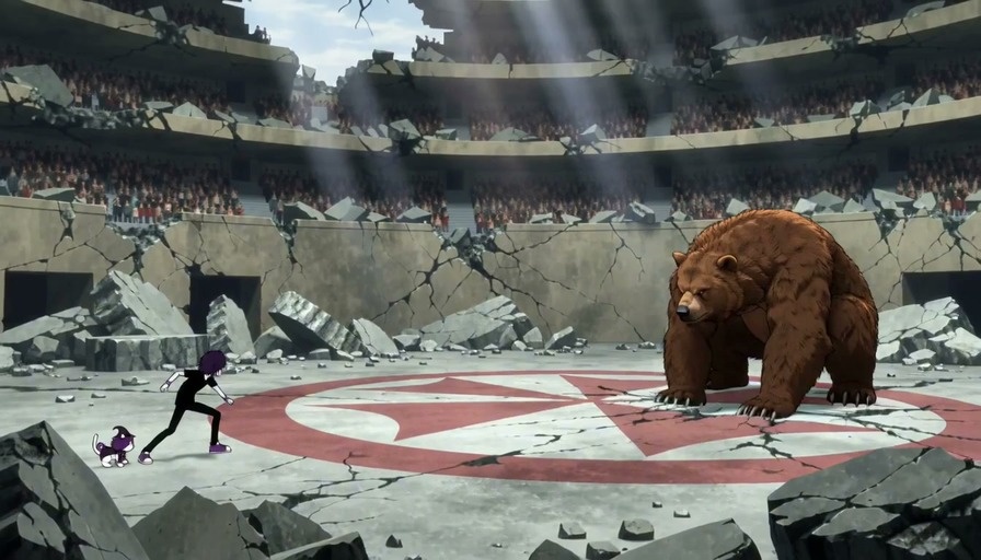A purple-haired boy and a small cat in a witch hat run through a destroyed stadium while dodging rocks thrown by a giant brown bear.