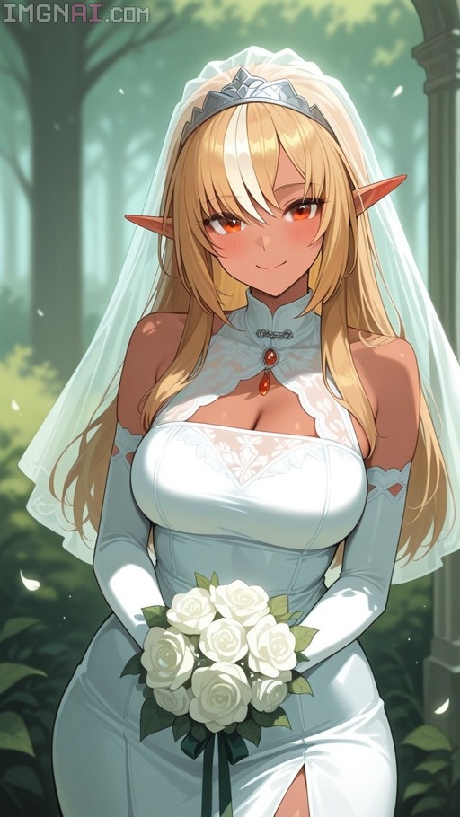 Shiranui Flare in a white wedding dress holding a bouquet of white roses