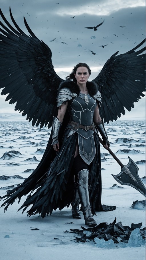 A winged warrior queen in dark armor stands in a snowy landscape holding a polearm, surrounded by flying crows under a cloudy sky.
