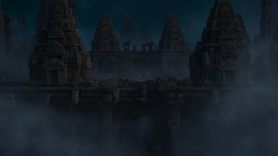 A blue-haired warrior and a pink-haired warrior clash in ancient ruins, summoning neon shark and snake spirits that collide above them.