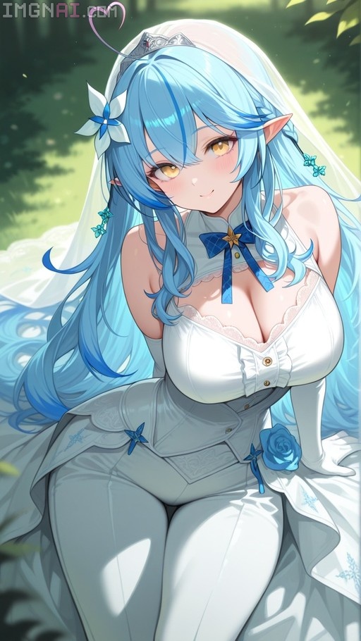 Yukihana Lamy with long blue hair and yellow eyes wearing a white wedding dress and veil while sitting outdoors.