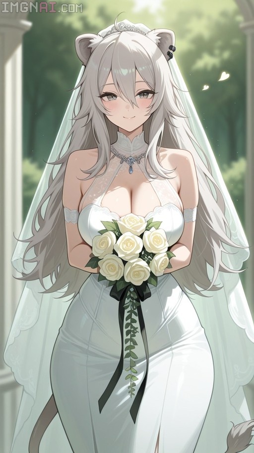 Shishiro Botan in a white wedding dress holding a bouquet of white roses.