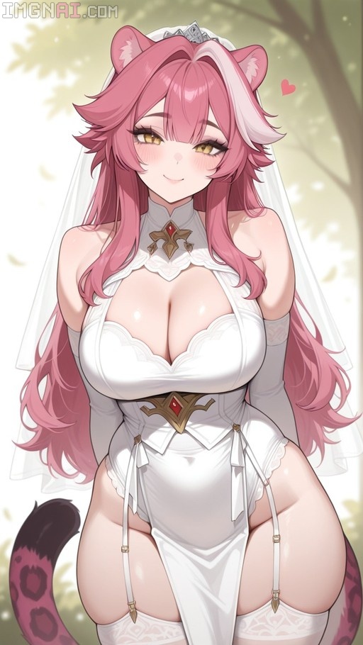 Raora Panthera in a white bridal outfit with panther ears and tail smiling at the viewer